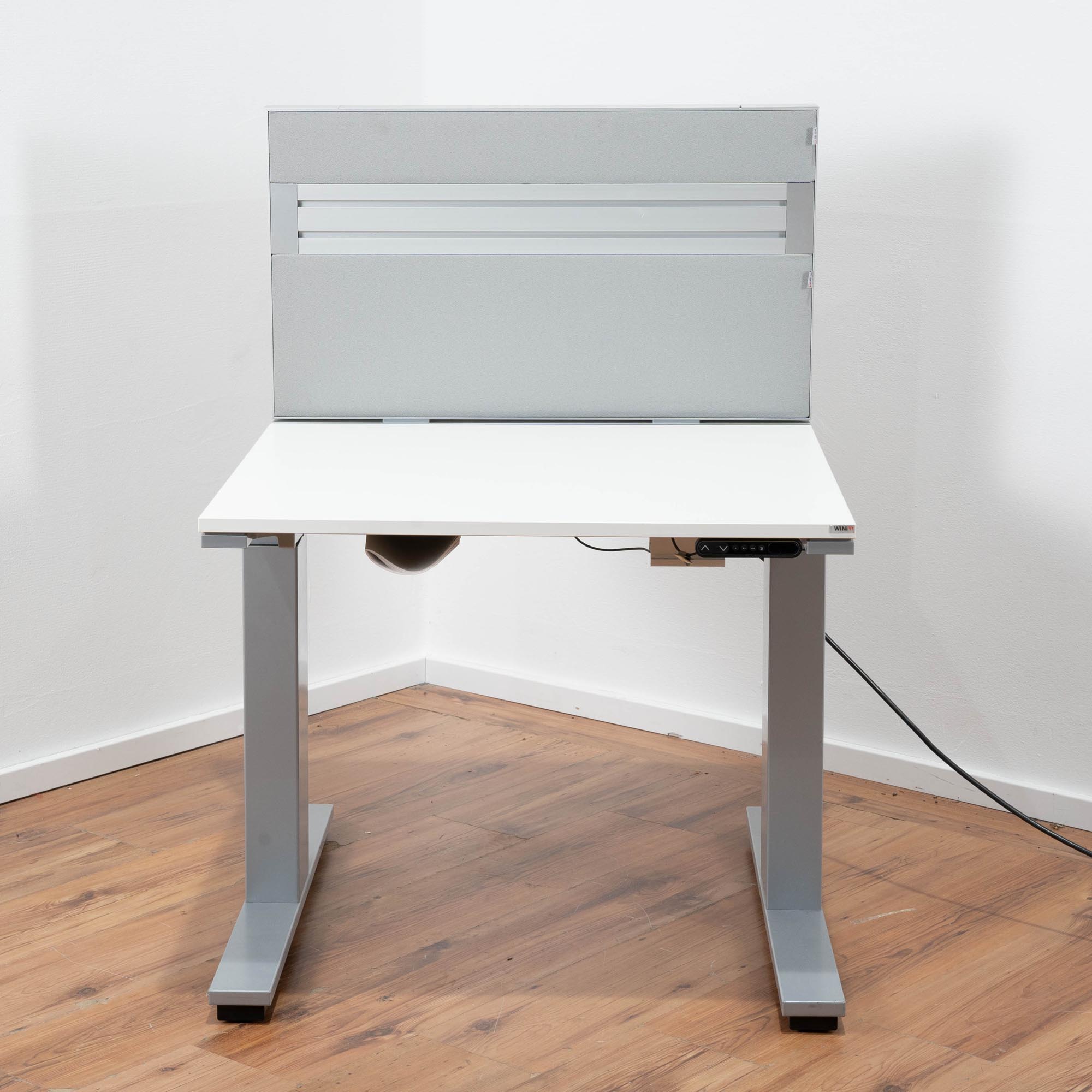 Wini E-Schreibtisch weiß - 80 x 80 cm - Gestell Silber - Akustik-Trennwand grau  - Memory-Funktion