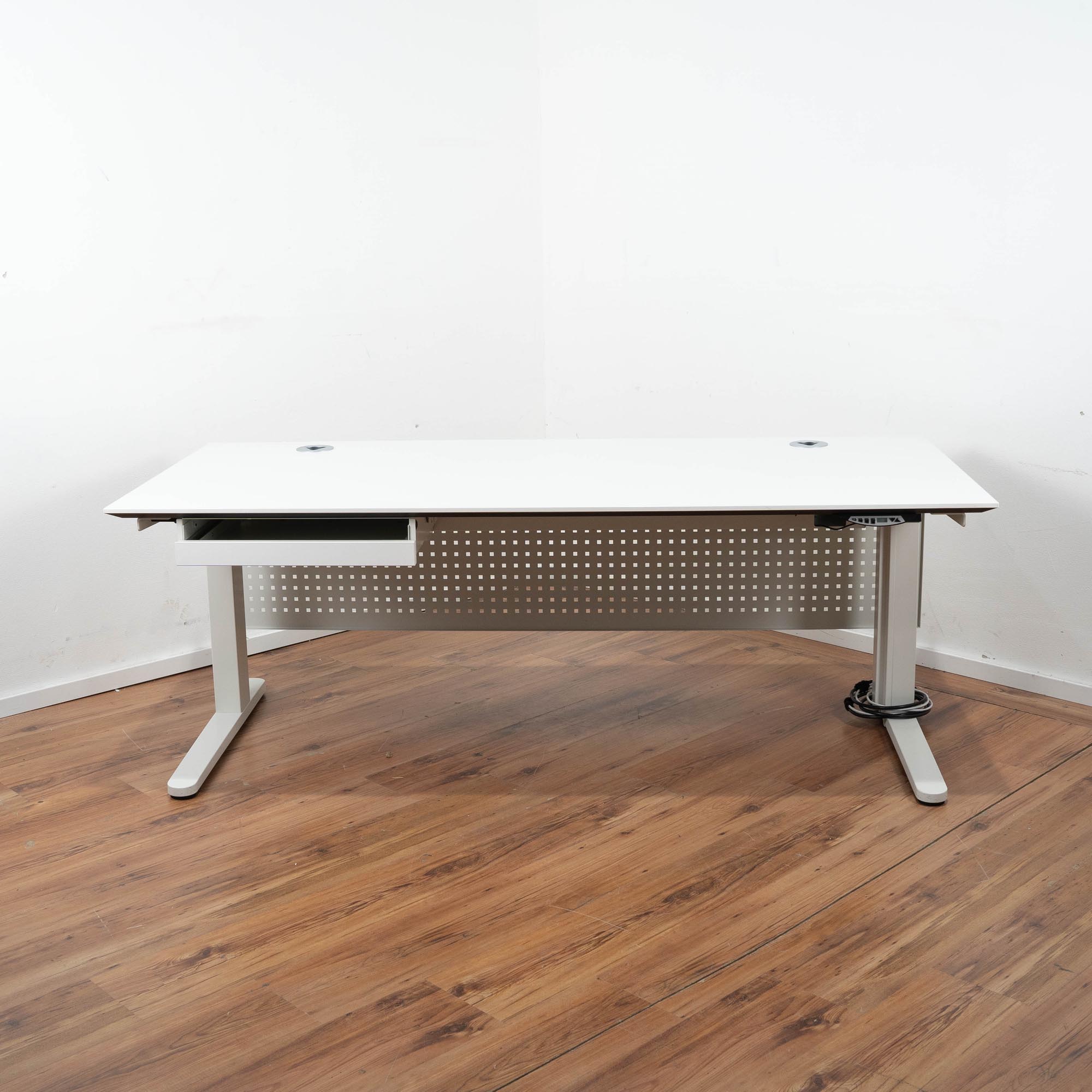 VS Möbel E-Schreibtisch 180 x 80 cm - weiß - elektrisch höhenverstellbar - Schubladenauszug - T-Fuß-Gestell weiß